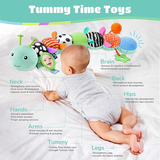 Baby Toys 6-12 Months Music Caterpillar Infant Toys Stuffed Animals 0-3-6 Months Teething Tummy Time Sensory Toys with Mirror Rattle&Pull String for Boys Girls Birthday Gifts|Tiffany Blue,Leafy
