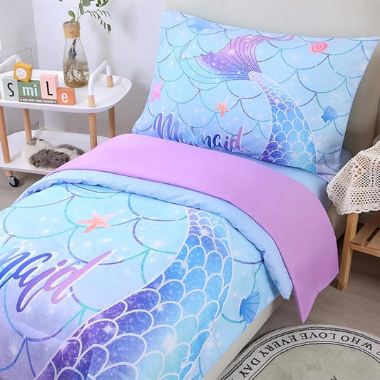 URBONUR 4 Piece Toddler Bedding Set for Girls Blue Purple Mermaid Toddler Bedding Sets Cartoon Scales Toddler Bed in a Bag for 2-6 Years