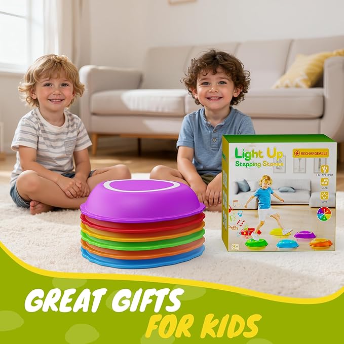 Rechargeable Stepping Stones for Kids, 6pcs Music and Light Up Anti-Slip Balance Sensory Toys for Toddler, Kids Indoor and Outdoor Play Equipment, Birthday Gifts Toys for 3 4 5+ Year Old Kids
