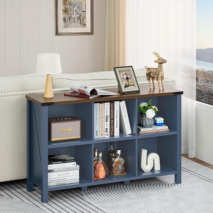 Joaxswe 6 Cube Bookcase, Farmhouse Wood Low Storage Organizer Book Shelf, 47" Horizontal Navy Blue Console Bookshelf with Legs, Hallway Book Case for Entryway, Display Cabinet for Living Room, Office