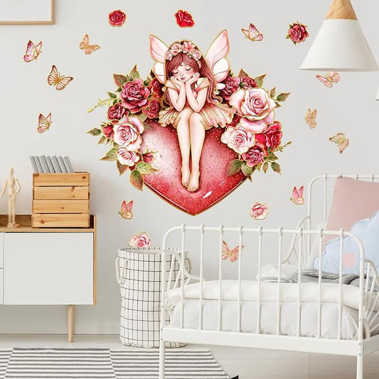 Fairy and Rose Wall Stickers Dreamy Theme Beautiful Girl with Roses and Butterflies Decals Peel and Stick Waterproof Decor for Kids Room Bedroom Living Room(Fairy)