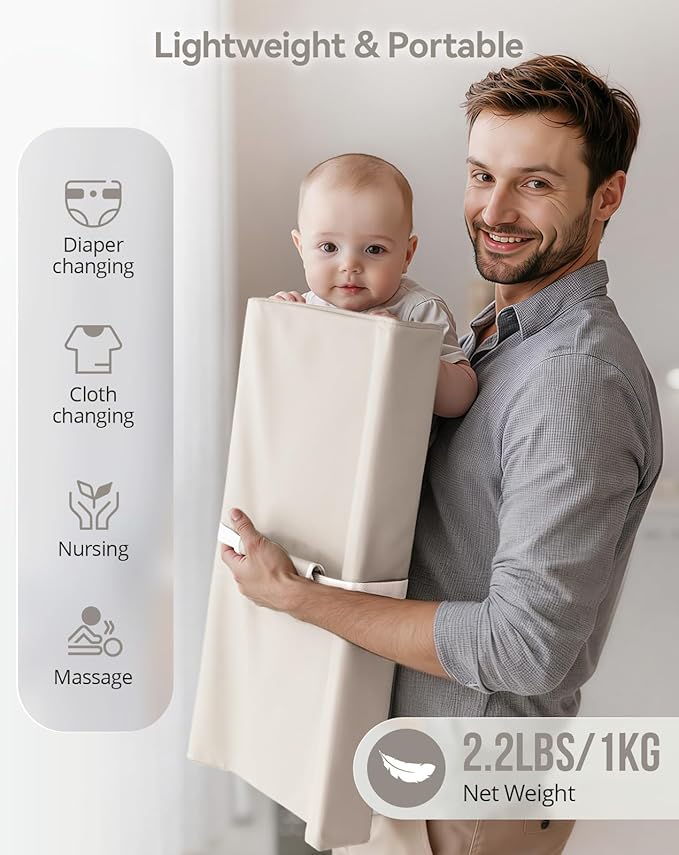 COMOMY Baby Changing Pad with Wipeable & Waterproof PU Cover, Contoured Diaper Changing Pad for Dresser with Non-Slip Safety Belt, Portable and Lightweight, Large Cushioned Foam, Beige