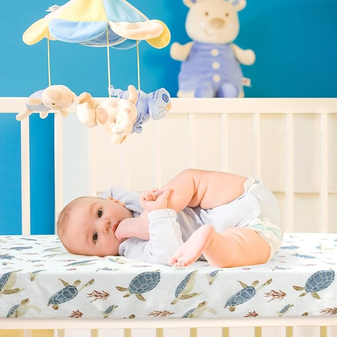 LifeTree Crib Sheets for Baby Unisex - Muslin Fitted Crib Sheets Toddler Bed Sheet, 70% Viscose from Bamboo and 30% Cotton, Fits Mini Crib & Pack and Play Playard, Sea Turtle, 26in x 38in