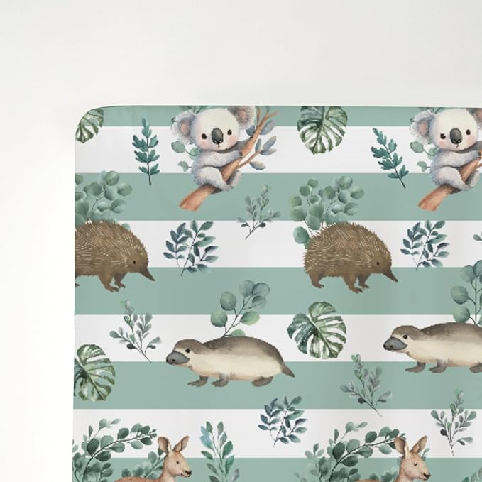 Australian Animals Tropical Leaves Baby Crib Sheets for Boy Girl 28"x52" Koala Green Stripes Soft Stretchy Fitted Crib Mattress Cover Native Australia Baby Sheet for Standard Crib & Toddler Mattress