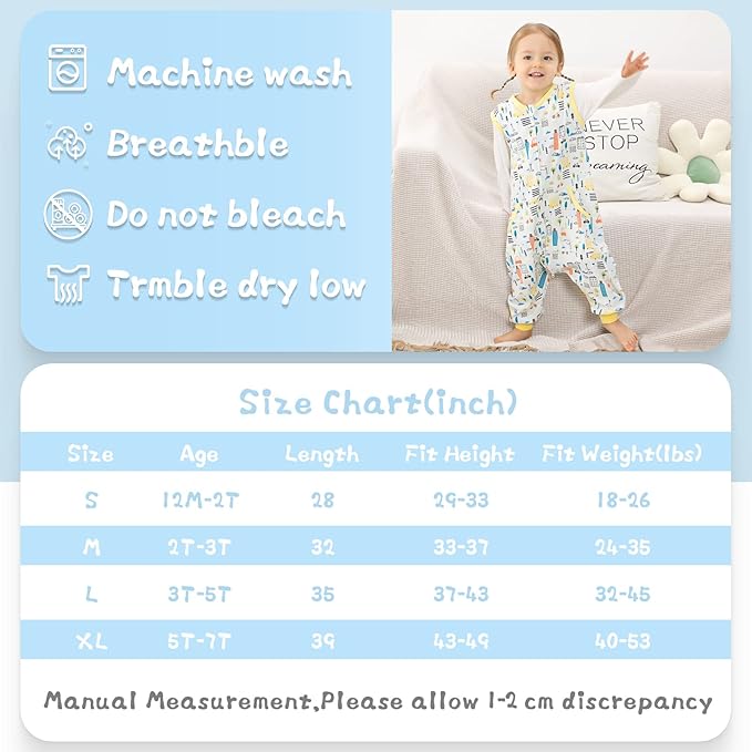 WONDAY Toddler Sleep Sack with Feet, 0.5 Tog Sleeping Sacks for Walking with Legs 2T 3T