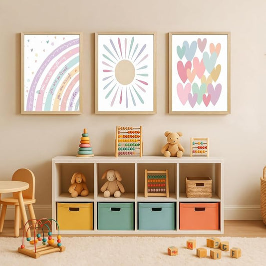 LLEEMPI Pink Heart Sun Rainbow Wall Art Set of 3, Baby Room Wall Decor, Boho Rainbow Nursery Canvas Painting, Classic Minimalist Poster Prints for Bedroom Bathroom Classroom Wood Framed 16x24 Inch