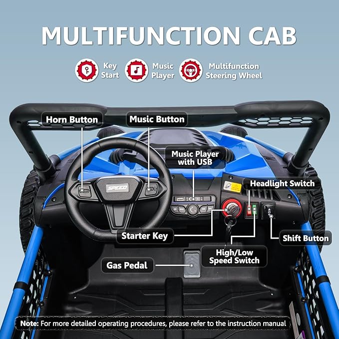 XXL 2 Seater Ride On Toys for Big Kids 24V Ride On Car with Remote Control 4WD Kids UTV with 22" Seat, Bluetooth, Music Player, EVA Rubber Tires, Spring Suspension, Blue