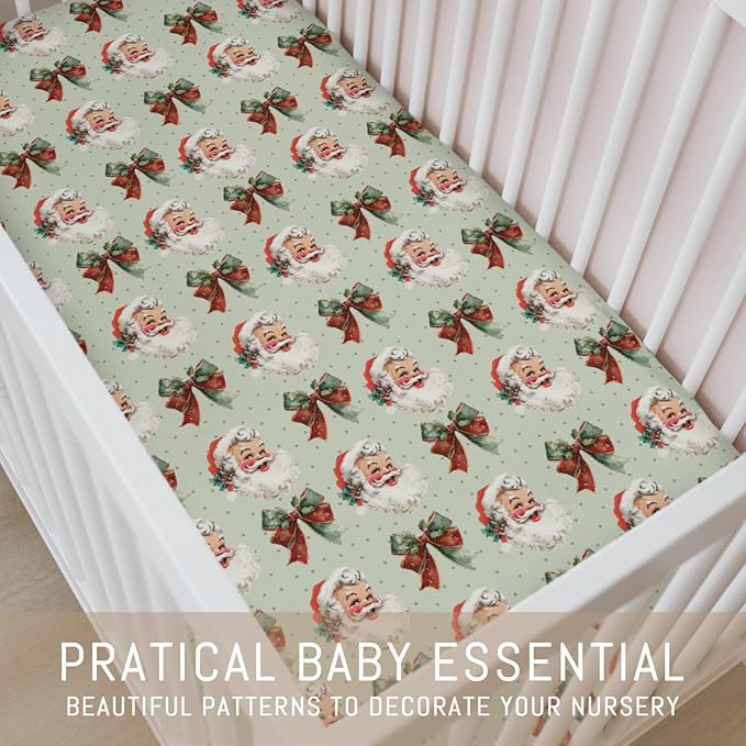 Vintage Merry Christmas Santa Bows Baby Crib Sheets for Boy Girl Retro Happy Santa Jolly Soft Snug Fitted Crib Mattress Covers Fit 52''x28'' Standard Crib & Toddler Mattress Winter Holiday Bed Sheets