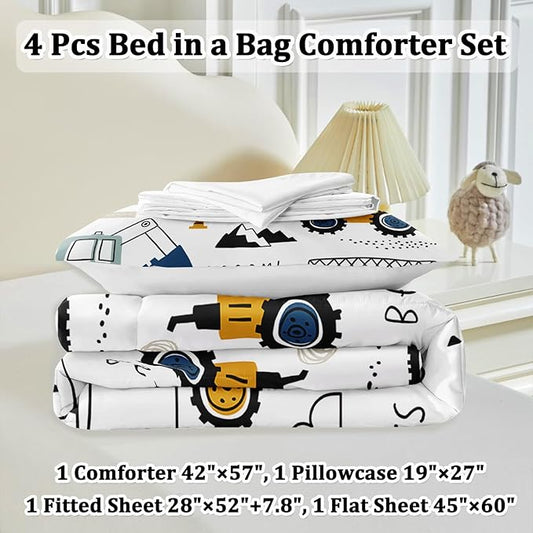 Toddler Bedding Set for Boys - 4-Piece Truck Bedding Comforter Set for Kids, Soft Comfort Construction Vehicle Bedding Includes Flat Sheet, Fitted Sheet, Comforter, Pillowcase