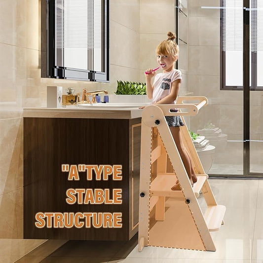 Gewitt Foldable Toddler Tower - Kitchen Step Stool Helper for Kids 1-6 Years, Montessori Toddler Standing Tower with 3 Adjustable Height for Kitchen Counter Bathroom
