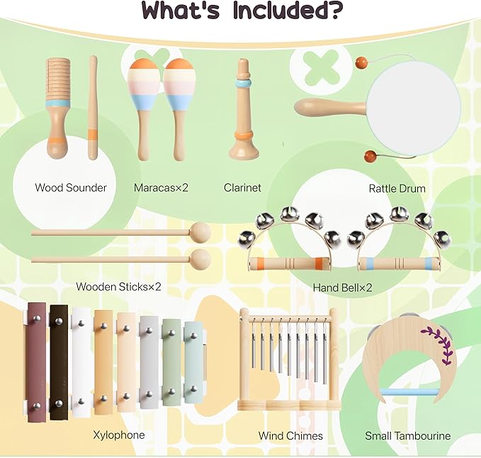 Toddler Musical Instruments-Musical Toys Montessori Wooden Toys for Toddlers 1-3 , Baby Musical Instruments with Modern Boho Xylophone Toddler Toys Birthday Gifts for Kids Preschool Educational 3+