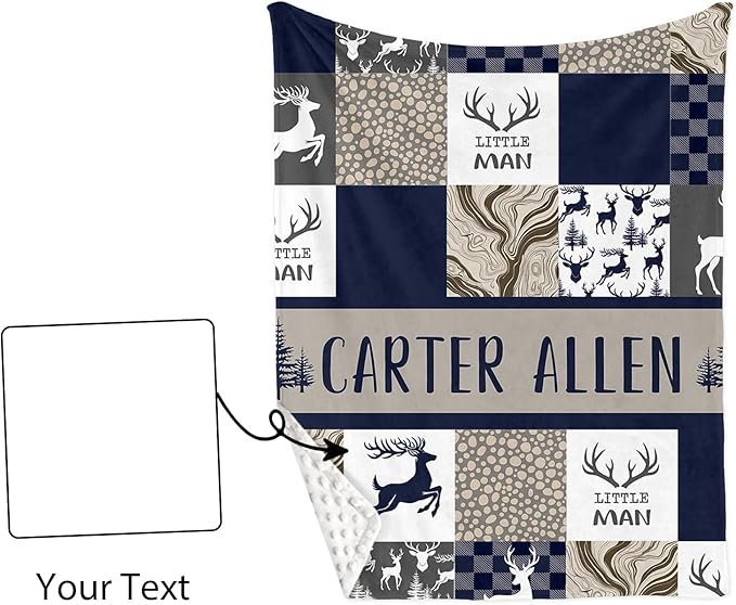 Custom Name Crib Bedding Set 3-Piece – Navy Deer Design Baby Bedding Set with Personalized Soft Blanket, Fitted Sheet, Changing Pad Cover – Ideal Newborn Gift for Boys and Girls