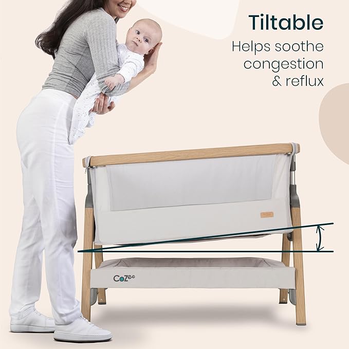 Tutti Bambini CoZee® 2-in-1 Baby Bassinet & Bedside Sleeper - Fast-Folding Bedside Bassinet, Baby Crib with 6 Mattress Heights & Breathable Mesh Window, Mattress Included, 0-6 Months (Silver & Oak)