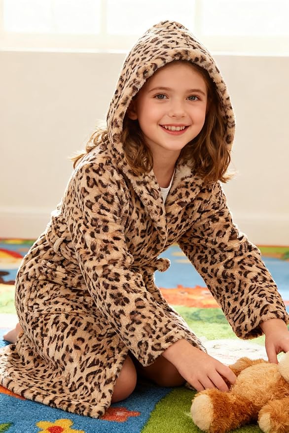 Boys Girls Robe Kids Flannel Hooded Bathrobe Sleepwear Pajamas Toddler Soft Plush Robes for Girls 2-16 Years