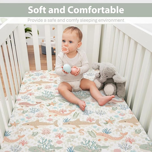 Girly Whale Baby Crib Sheets for Boy Girl 28"x52" Narwhal Shark Jellyfish Corals Soft Stretchy Fitted Crib Mattress Cover Boho Sea Ocean Animals Leopard Baby Sheet for Crib & Toddler Bed Mattresses