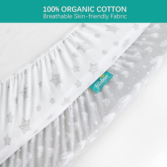 Waterproof Pack n Play Fitted Sheets 2 Pack,100% Cotton Mini Crib Mattress Cover Protector 38" X 25" Fits for Baby Playpen/Playard Mattress, Portable Crib Sheet, White & Grey Star Print