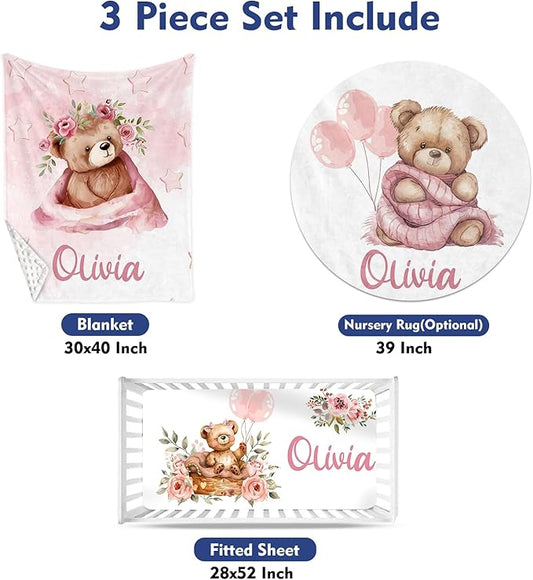 Custom Baby Crib Bedding Set, Personalized Name Pink Bear Design Crib Set 3 Pcs, Soft Double Layer Blanket, Crib Sheet & Room Rug, Ideal Nursery Decor Gift for Baby Girls Boys
