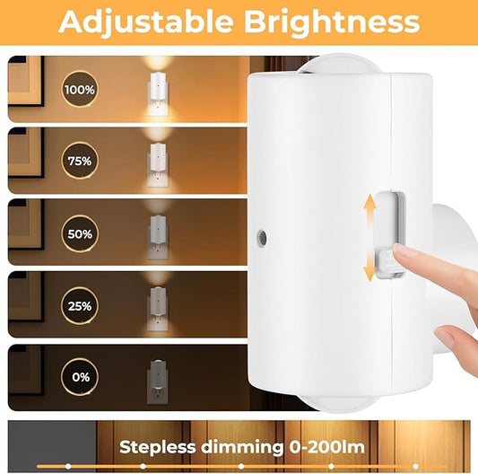 BMXKPO Dimmable LED Night Lights Plug into Wall, Rotatable Plug-in Night Light, Dusk to Dawn Sensor, Adjustable Brightness 0-200Lm,3000K Soft White,for Bedroom, Hallway, Stairway, 4 Pack
