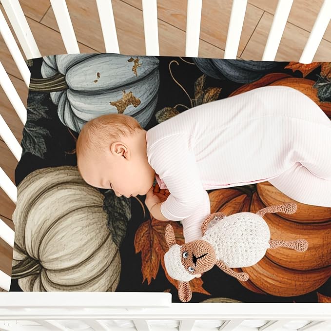 Fall Thanksgiving Pumpkin Crib Sheets Standard Crib Toddler Mattresses Cover Fitted Baby Bed Sheet Breathable Crib Mattress Sheet for Girls Boys 39''x27''x9''
