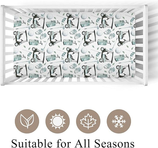 Golf Gear Sport Green Fitted Crib Sheet for Baby Girls Boys 52x28x9 in Golfing Cart Gloves Bag Flag Sports Fitted Crib Mattress Cover for Standard Crib Toddler Golfs Lovers Gift Bed Sheet