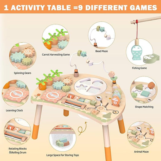 Activity Table, 9-in-1 Wooden Montessori Toy Activity Center with Shape Sorter Fishing Game Bead Maze, Baby Play Table Sensory Educational Toys for Toddler