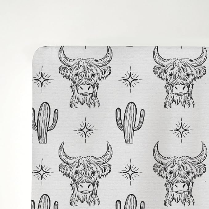 Boho Western Cow Cactus Baby Crib Sheets for Boy Girl 52x28Inch Black and White Highland Yak Soft Stretchy Fitted Crib Mattress Cover Wild West Animal Baby Sheet for Crib and Toddler Bed Mattresses