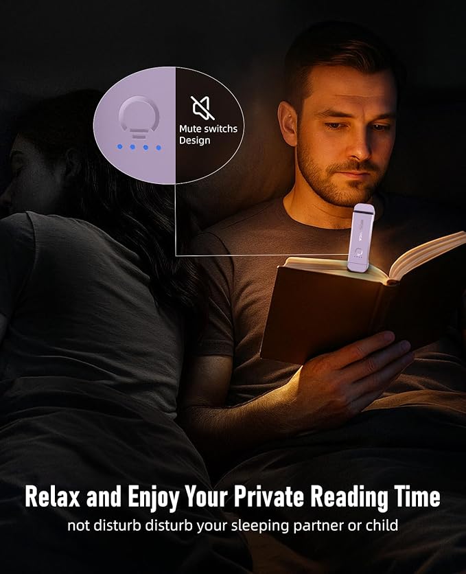 HIONXMGA Book Reading Light,Silent Touch Books Lamp for Reading in Bed,Rechargeable Clip on Booklight with 3 Amber Colors & 7 LEDs Precise Dimming for Eye Caring Night Reading,Book Lovers,Kids,Purple