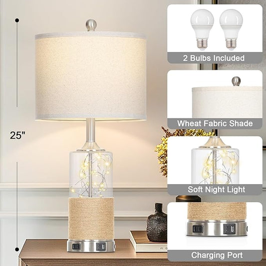 Cinyirong 25" Boho Table Lamps Set of 2, Coastal Glass Bedside Lamps with USB A+C Ports and AC Outlet, Rattan Lamp with Night Light for Nightstand Living Room Bedroom, 2 LED Bulbs Included, Silver