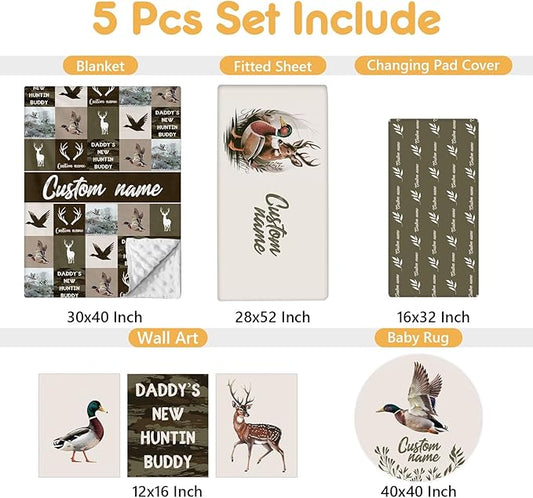 Personalized Crib Bedding Set, 5 Pcs Custom Name Nursery Bedding Set with Double Layer Blanket, Green Woodland Deer Baby Crib Set for Boys Girls, Customized Gifts for Toddlers Infants Babies