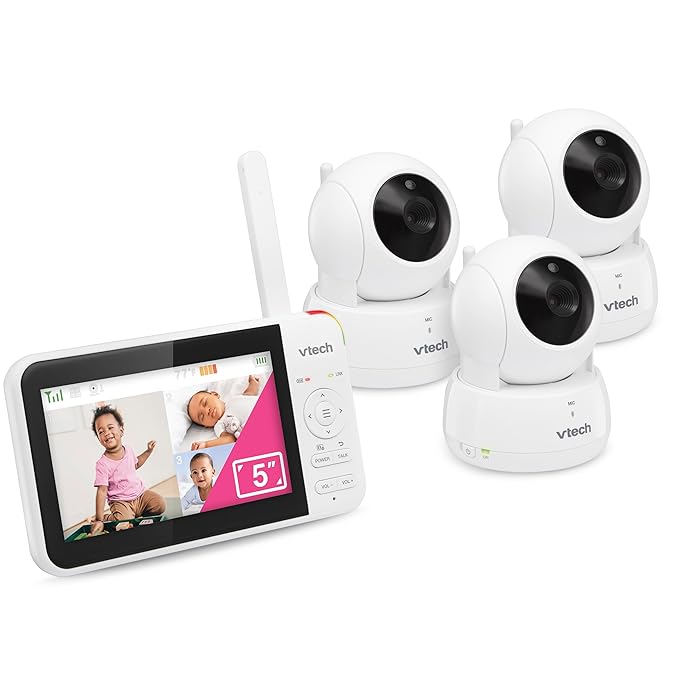 VTech Video Baby Monitor with 3 Cameras, 5" LCD Screen, Up to 17Hrs Video & 31Hrs Audio Battery Life, Night Vision, 1000ft Range, Pan-Tilt-Zoom, Lullabies, Soothing Sounds, Temperature Sensor, VM924-3