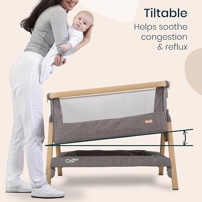 Tutti Bambini CoZee® 2-in-1 Baby Bassinet & Bedside Sleeper - Fast-Folding Bedside Bassinet, Baby Crib with 6 Mattress Heights & Breathable Mesh Window, Mattress Included, 0-6 Months (Oak & Charcoal)