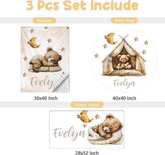 Custom Baby Bedding Set, 3 Pcs Personalized Name Crib Bedding Set for Nursery, Soft Double Layer Baby Crib Set for Boys Girls, Customized Gifts for New Parents Infants Toddlers, Brown Bear
