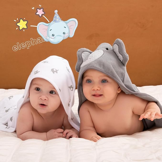 Momcozy Cute Elephant Hooded Baby Towel- 8 Piece Bath Essential, 2 x Towels and 6 x Wash Cloth Set- Perfect Shower Gift for Boys or Girls - Soft and Comfort for Newborn, Infant and Toddler