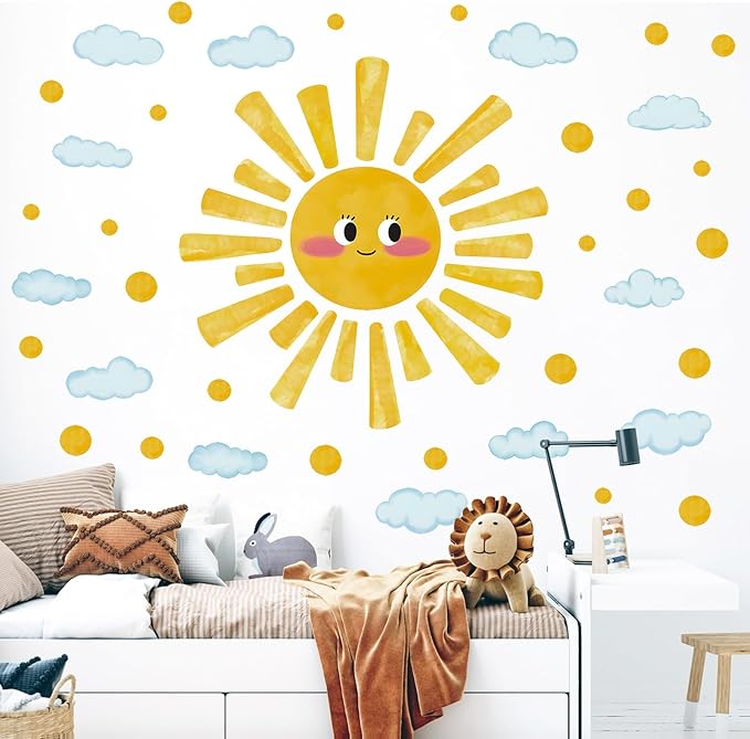 Eutecado Large Sun Wall Decals Watercolor Cloudy Wall Stickers for Kids Room, Smile Sun Polka Dots Clouds Wall Decor Stickers Peel and Stick Art Murals Decorations for Nursery Classroom Bedroom