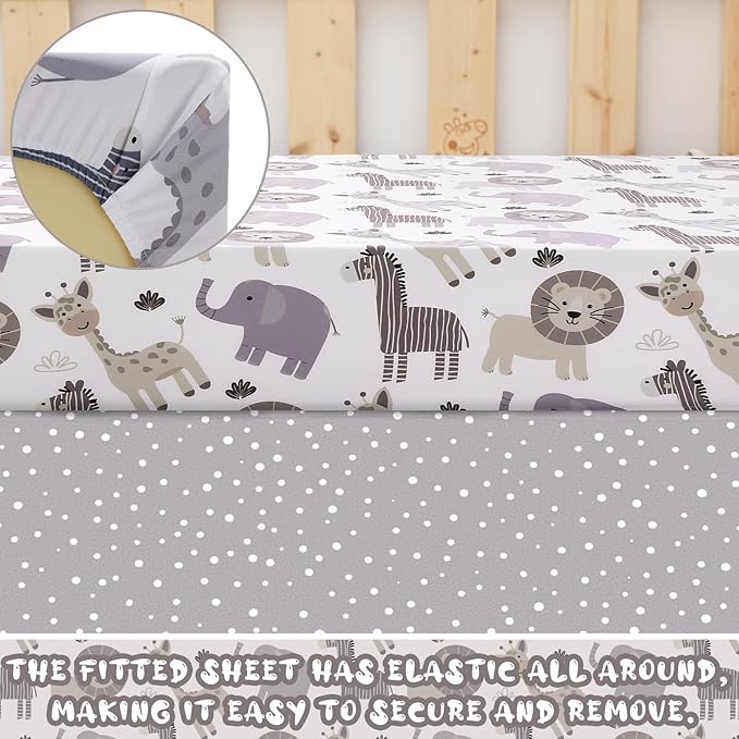 3 Pcs Baby Crib Bedding Set Safari Animals Elephant Zebra Lion Giraffe Neutral Crib Set Includes Quilt, Fitted Sheet, Skirt for Baby Boy Girl(Light Blue)