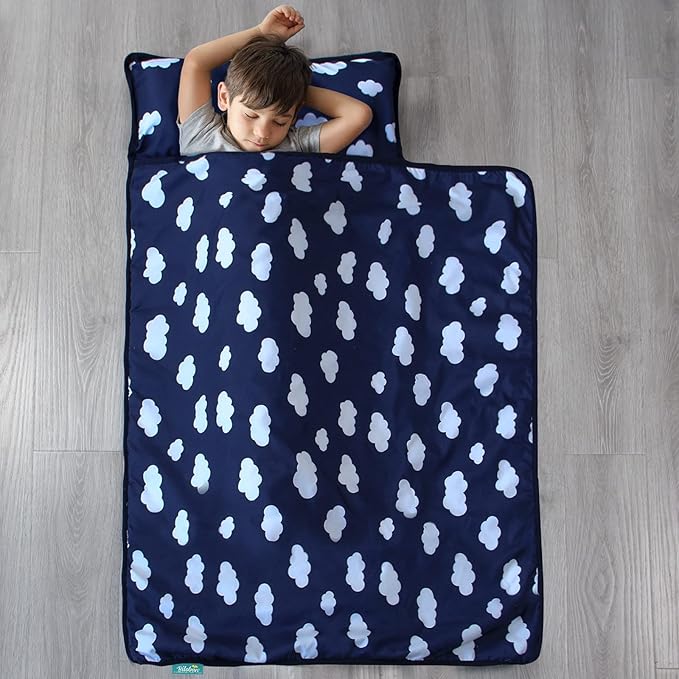 Biloban Toddler Nap Mat with Pillow and Blanket, Portable Nap Mats for Preschool Kindergarten Daycare Roll up Sleeping Bag for Kids Quilted Nap Mat, Super Soft & Cozy, Dark Blue, 50" x 21"