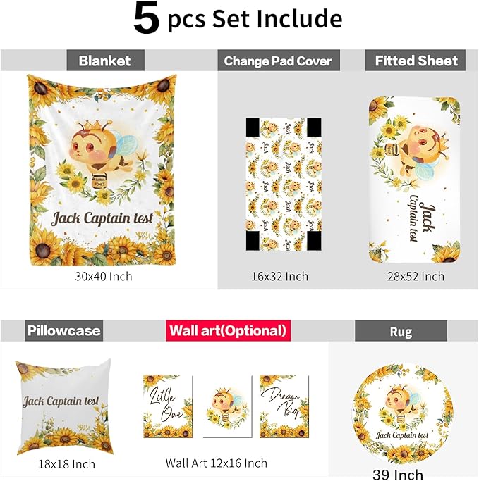 Custom Baby Bedding Set: Personalized Golden Honey Bee Bedding, Baby Blanket Fitted Sheet Changing Cover Nursery Rug Room Decor Gift Idea