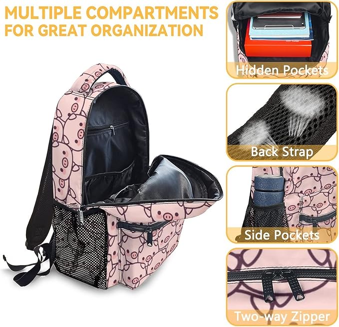 AIOMXZZ Pig Backpack with Lunch Box and Pencil Case, 16 Inch Cute Pig Bookbag Durable, Lightweight, Large Capacity, Funny Animal Backpack for School Girls Kids Women