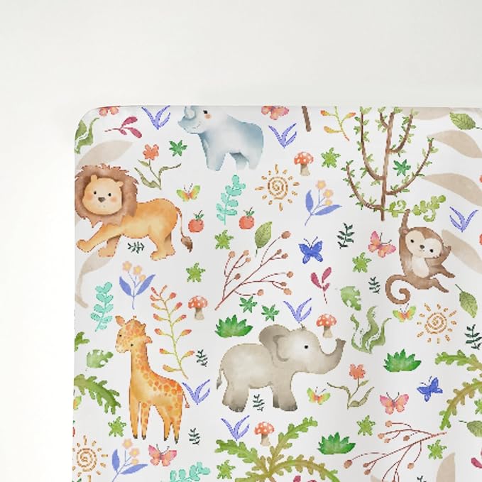 Cute Jungle Animals Baby Crib Sheets for Boy Girl 52x28Inch Lion Giraffe Elephant Hippo Trees Soft Snug Fitted Crib Mattress Cover Zoo African Safari Nursery Baby Sheet for Crib & Toddler Mattress