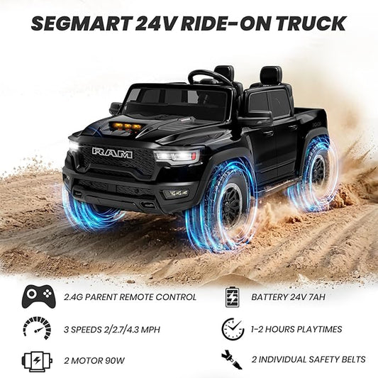 Licensed RAM 1500 RHO 2 Seater Electric Car, 24V Ride on Car for Big Kids with Remote Control, Toddler Ride on Toy w/4 Wheels Suspension, LED Lights, Bluetooth, Soft Start Function (Black)