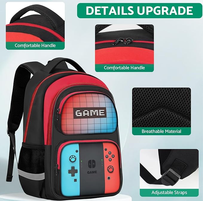 JIRAIKEI Kids Backpack For Boys,Gamer Boys Backpack For Children Teens Elementary Middle School, 17″ Students Bookbag