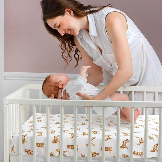 LifeTree Crib Sheets for Baby Unisex - Muslin Fitted Crib Sheets Toddler Bed Sheet, 70% Viscose from Bamboo and 30% Cotton, Fits Standard Crib, Golden Retriever, 28in x 52in