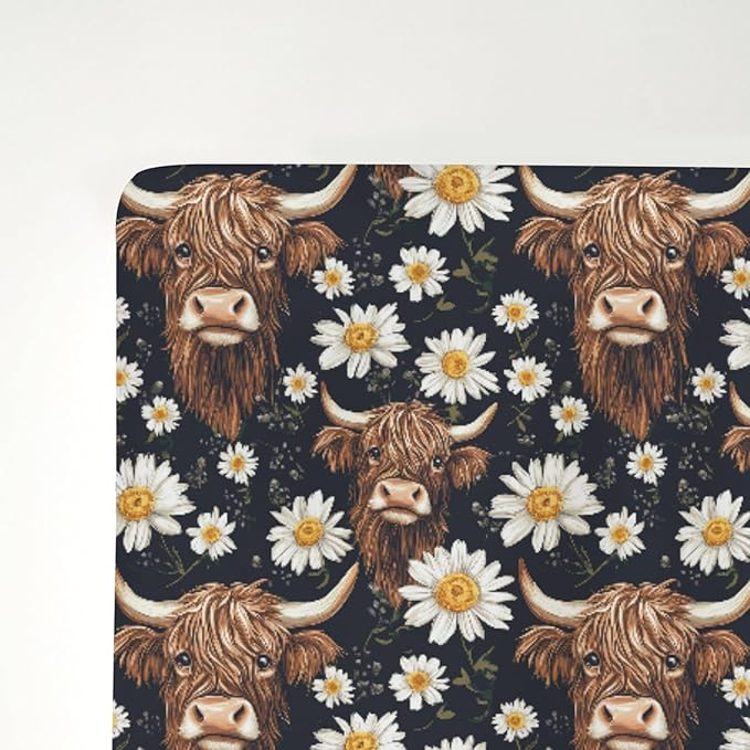 Vintage Highland Cows Daisy Baby Crib Sheets for Boy Girl 52x28Inch Retro Highland Yak Boho Floral Soft Stretchy Fitted Crib Mattress Cover Farm Baby Sheet for Standard Crib and Toddler Bed Mattress