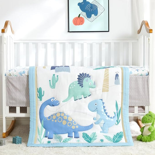 Wowelife Dinosaur Crib Bedding Set for Boys Light Blue, Premium 3-Piece Baby Bedding Set, Nursery Crib Set, Newborn, Infant & Toddler Nursery Bed Set, Light Blue Dinosaur