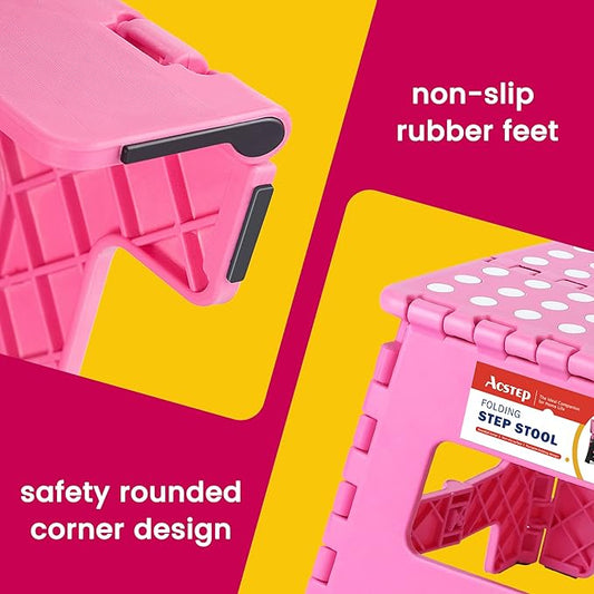 ACSTEP 9 Inch Folding Step Stool - The Lightweight Step Stool is Sturdy and Safe Enough. Opens Easy with One Flip. Great for Kitchen, Bathroom, Bedroom Pink