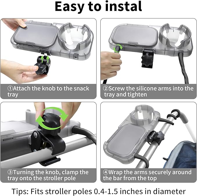 btrfe Universal Stroller Snack Tray, 3-in-1 Cup Holder Tray with Clamp & Silicone Arms Grip & Detachable Silicone Tray, Stroller Tray Attachment for Toddler & Kids, Snacking On The Go