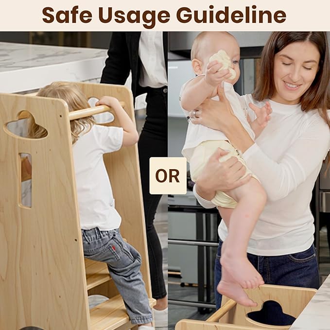 COSYLAND 3 Levels Adjustable Toddler Standing Tower - 33.5IN/85CM Stable Kids Kitchen Step Stool with Protective Crossbar - Wooden Toddler Kitchen Stool Helper(All Natural)