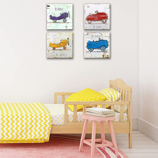 Oreichar Art Kids Wall Art Inspirational Quotes Print Picture Colorful Cartoon Car Plane Canvas Painting for Toddlers Kids Room Bedroom Decoration (16"x16"x4pcs)