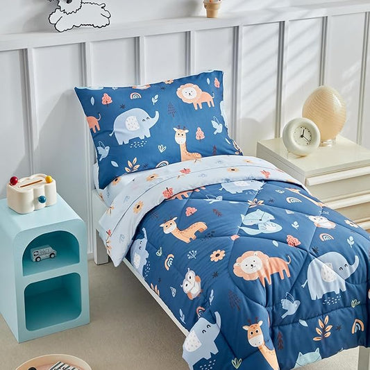 DuShow 4 Pieces Toddler Bedding Set for Boys,Navy Blue Animals Pattern Crib Comforter Set,Soft Toddler Bed Sheets Set Includes Flat Sheet,Fitted Sheet,Quilted Comforter,Pillowcase
