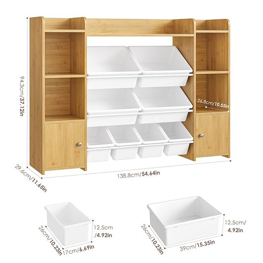 FOTOSOK 55''Large Toy Storage Organizer with 8 Toy Bins, Toy Organizers and Storage with Shelf and 6 Storage Cubbies, Bookshelf for Kids, Playroom Organization and Storage Bins, Natural